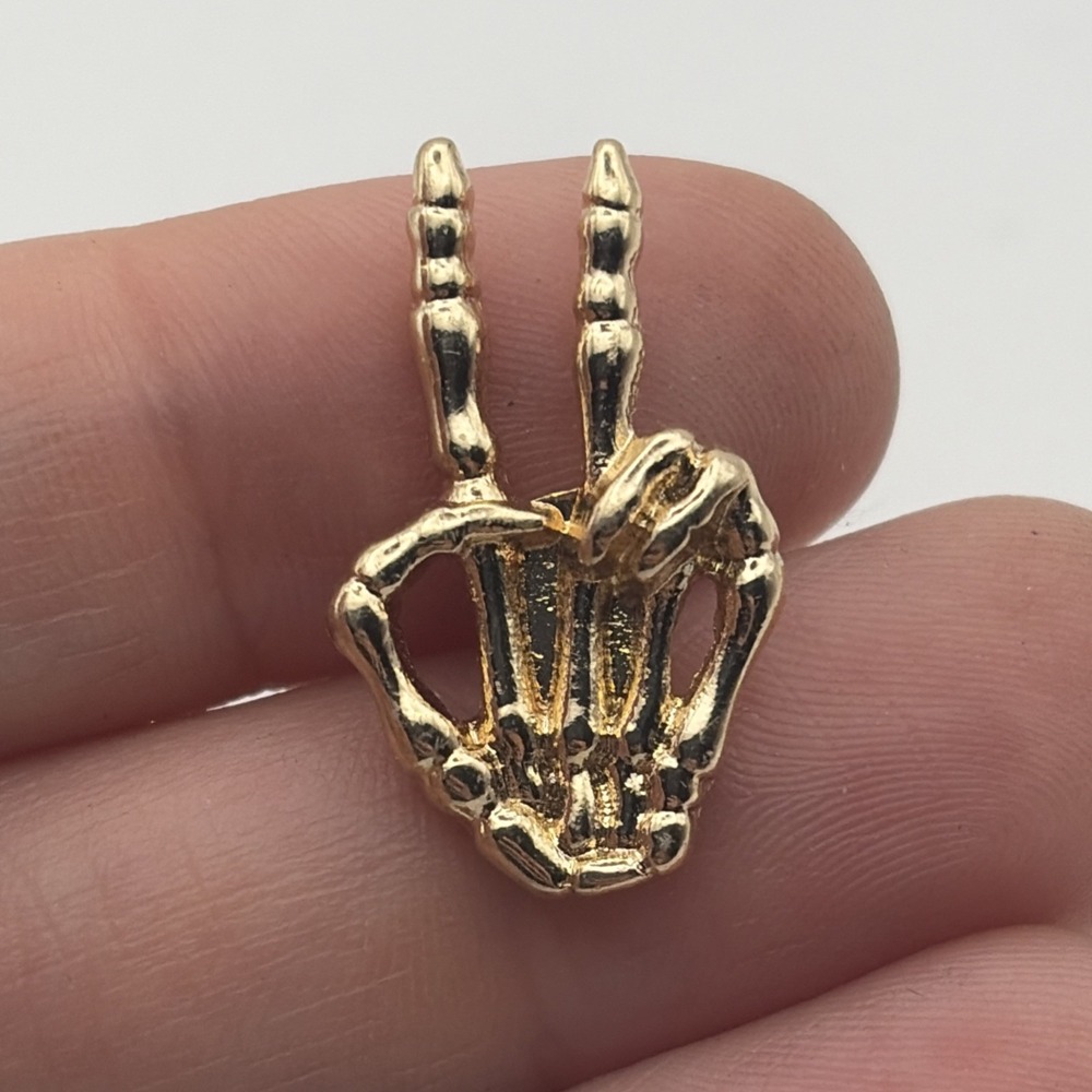 Skeleton Hand Peace Sign Gold Tone Lapel Hat Pin